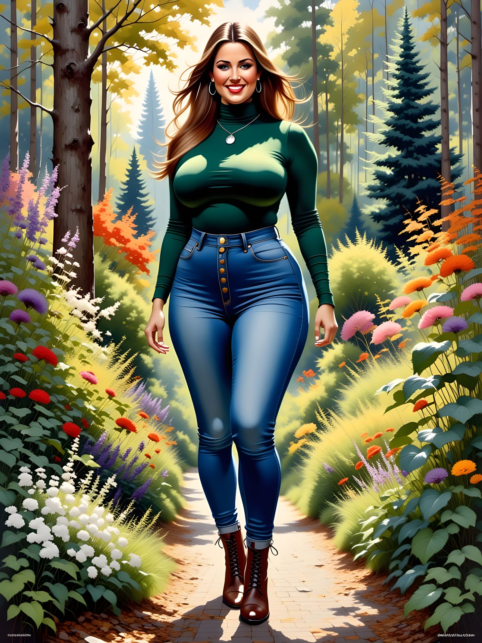 Enticing Woman in Garden as Detailed Oil Painting