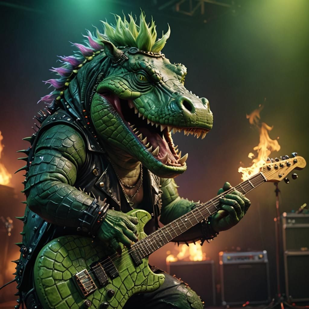 Epic Green Punk Creature Rocks Dark Stage