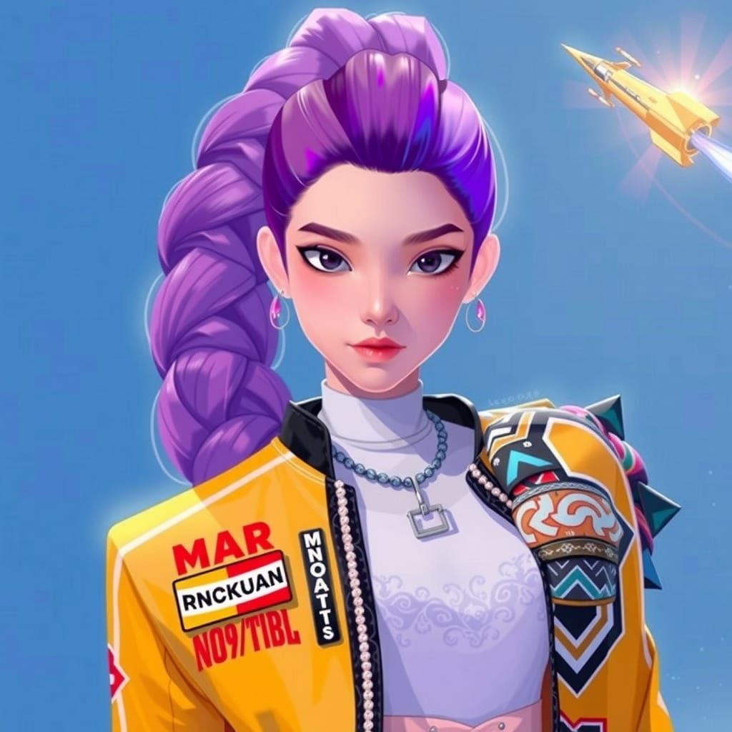 Korean Woman in K-Pop Outfit with Purple Hair
