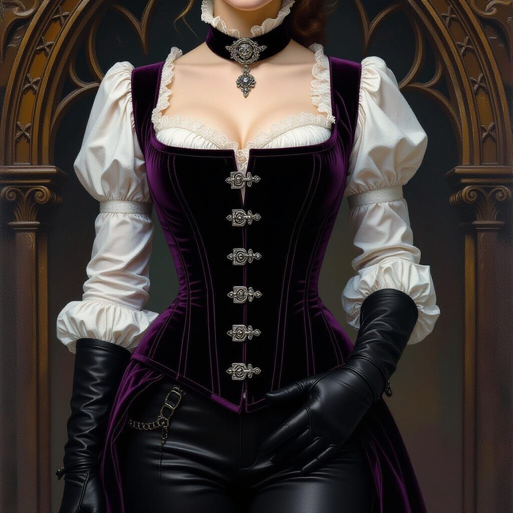 Victorian Woman in Velvet Corset and Leather Pants