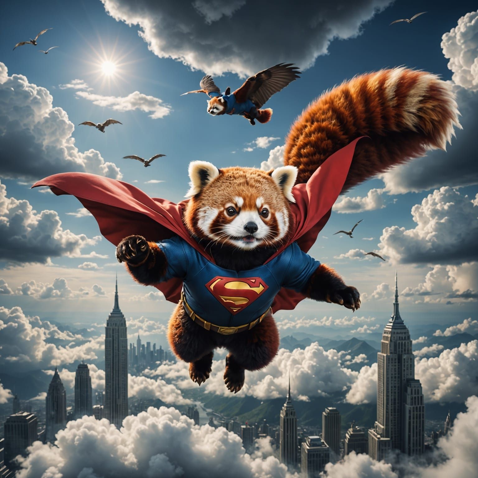 Red panda wearing a Superman cape soaring in the clouds