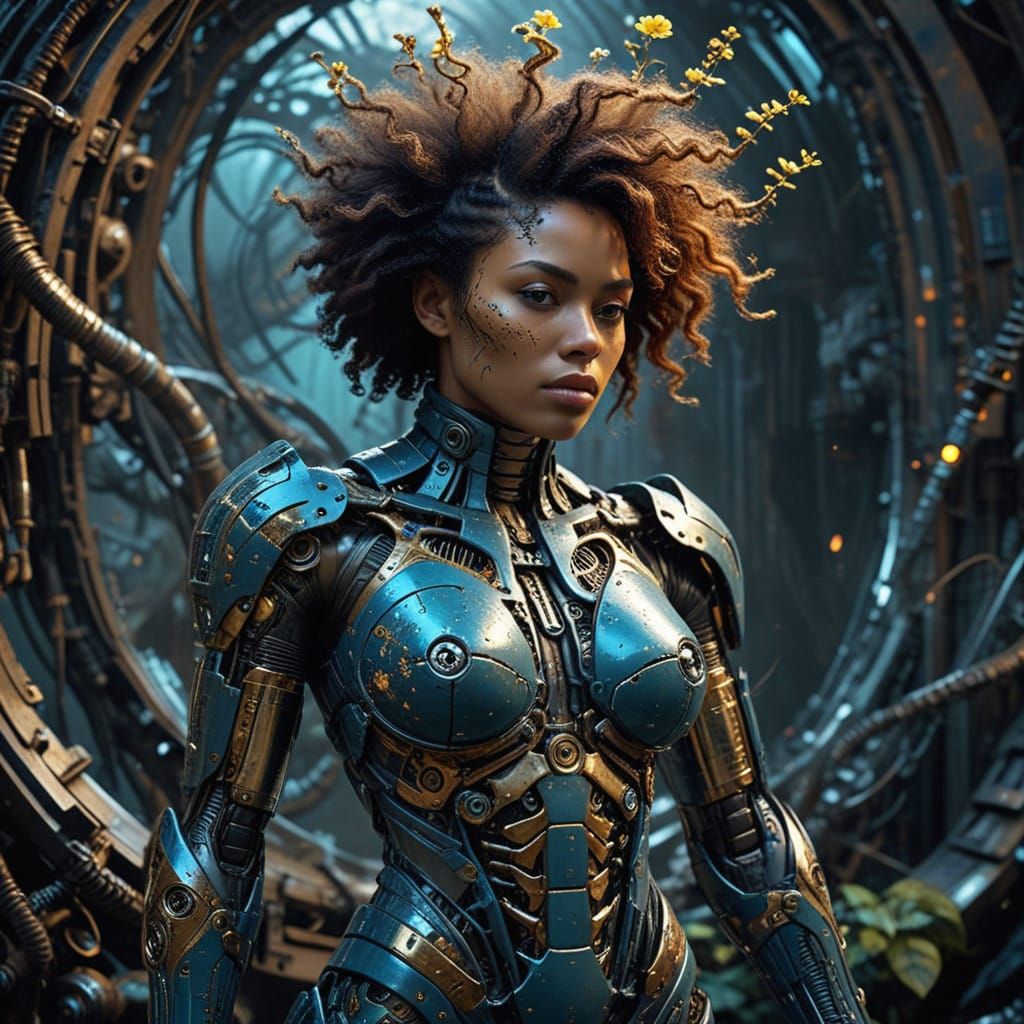 Afrofuturistic Goddess Emerging from a Cyborg Wasteland