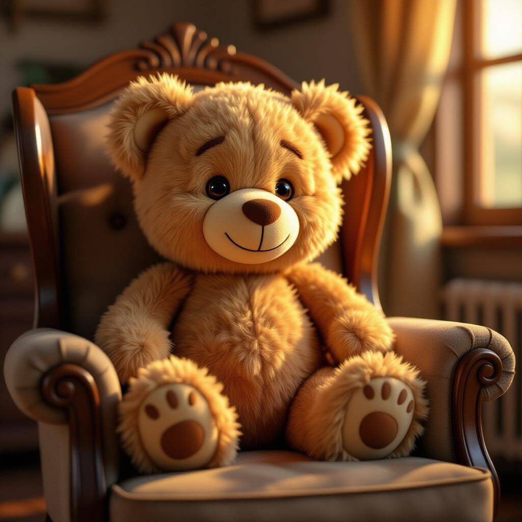 Pixar Style Plush Bear Sits in Wooden Armchair