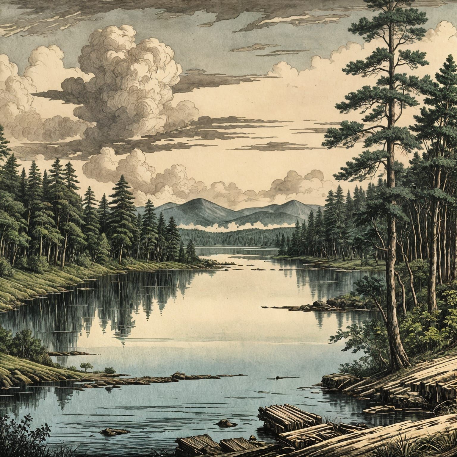 Elegant 19th Century Woodcut Illustration of Forest Clearing...