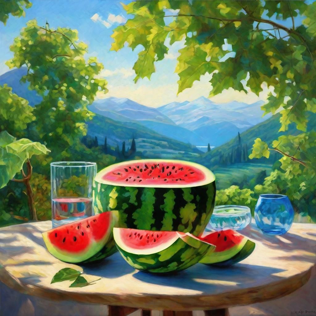 Neo-Impressionist Watermelon Still Life Amidst Lush Green Sc...