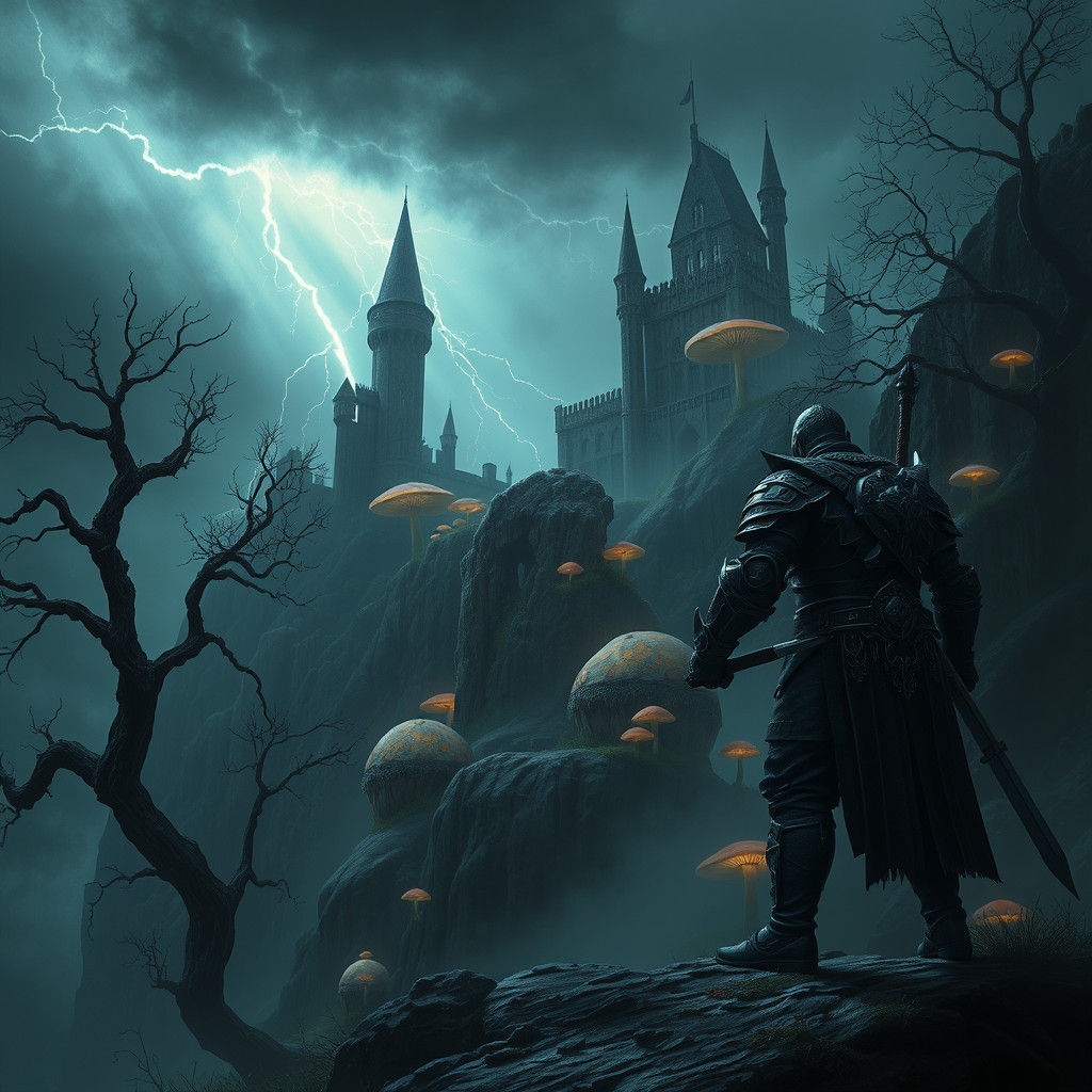 Dark Warrior at Dawn - High Fantasy Cliffside Battle Scene