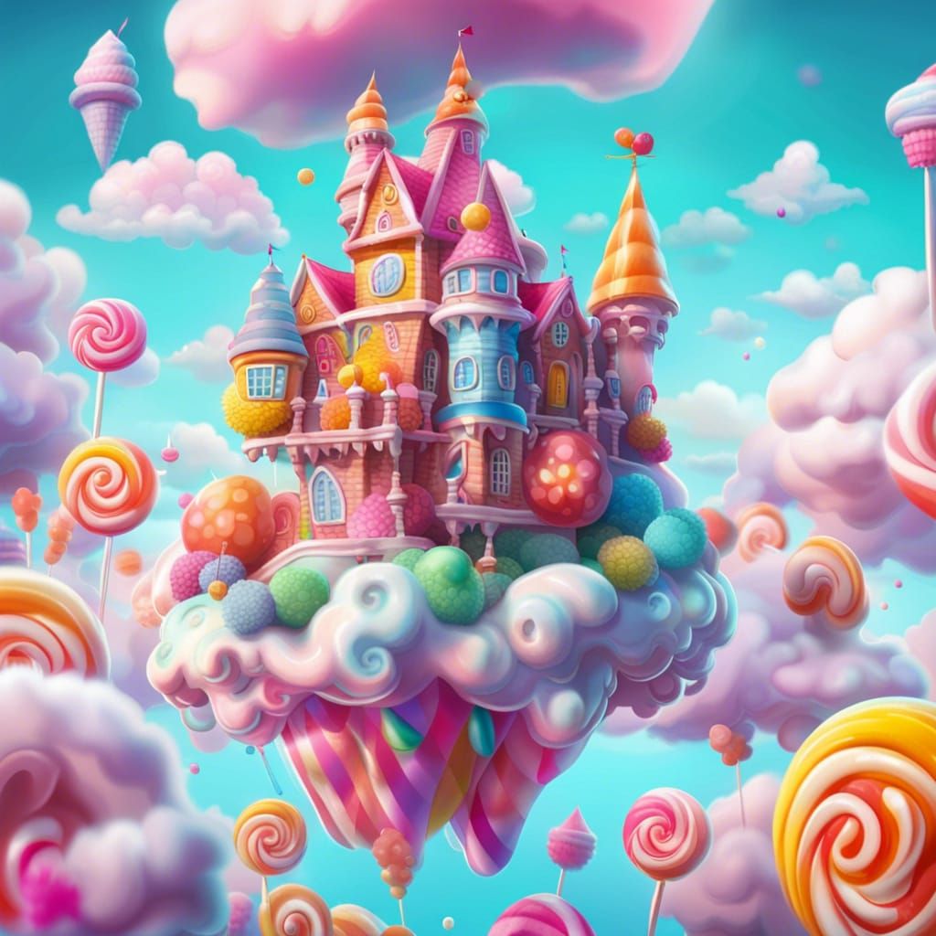 Whimsical Candy Castle Drifts Among Clouds