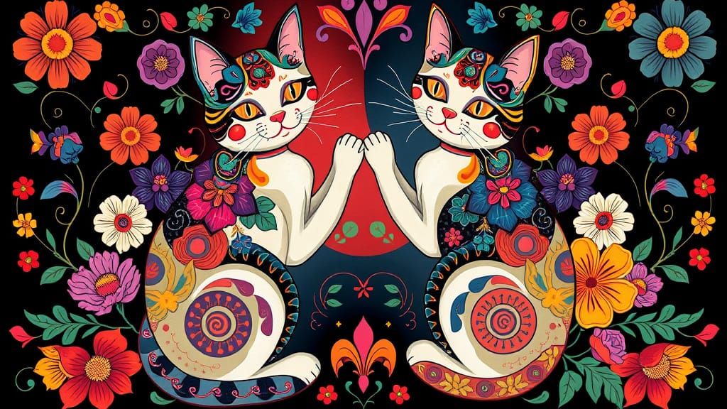 Yin-Yang Cats in Vibrant Folk Art Style