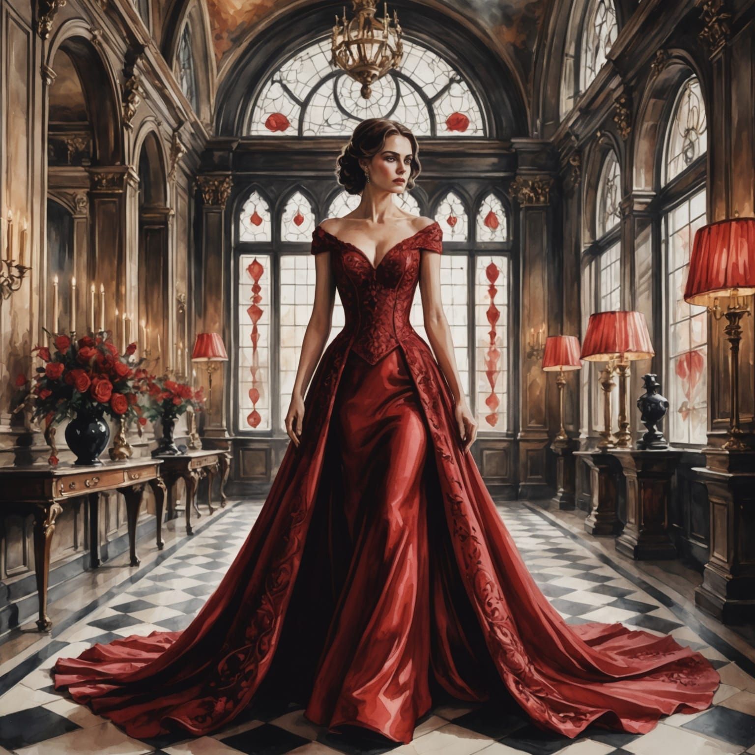 Elegant Lady in Red Gown Enters Gothic Ballroom in Watercolo...