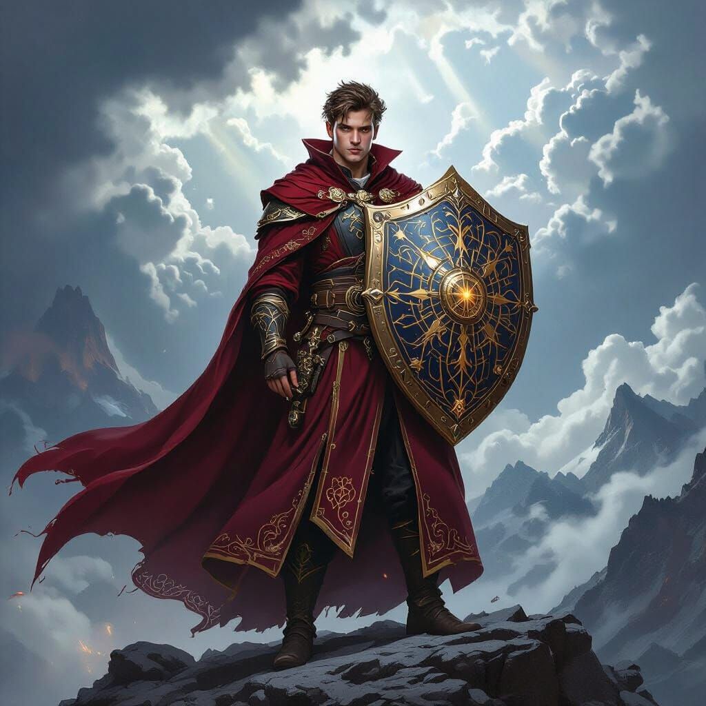 War Wizard with Celestial Shield on Mountain Peak