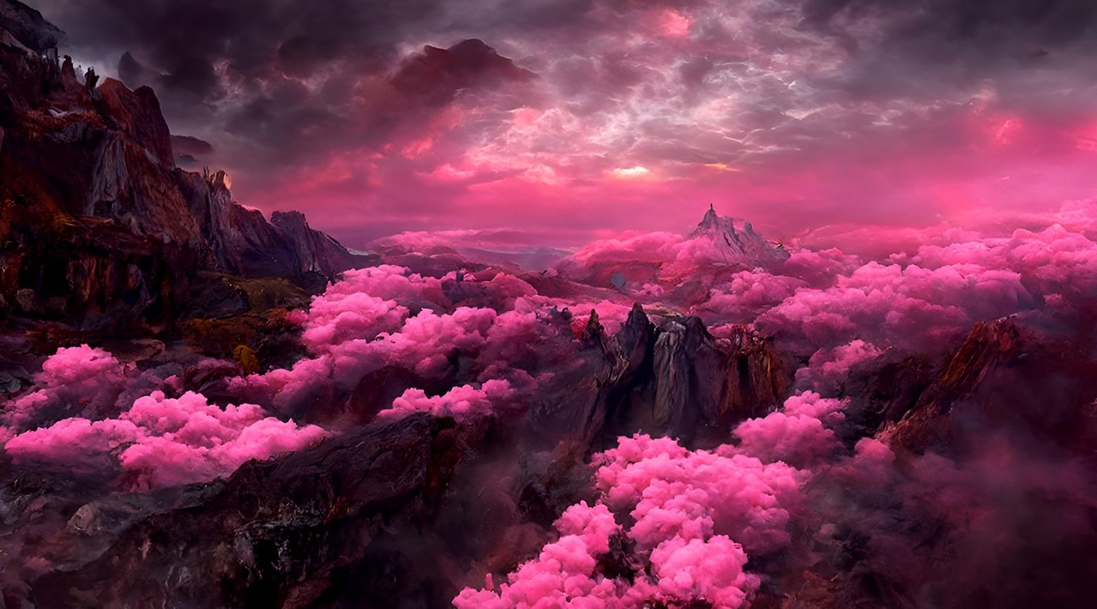 Serene Pink Clouds Marvel a Majestic Mountain Vista