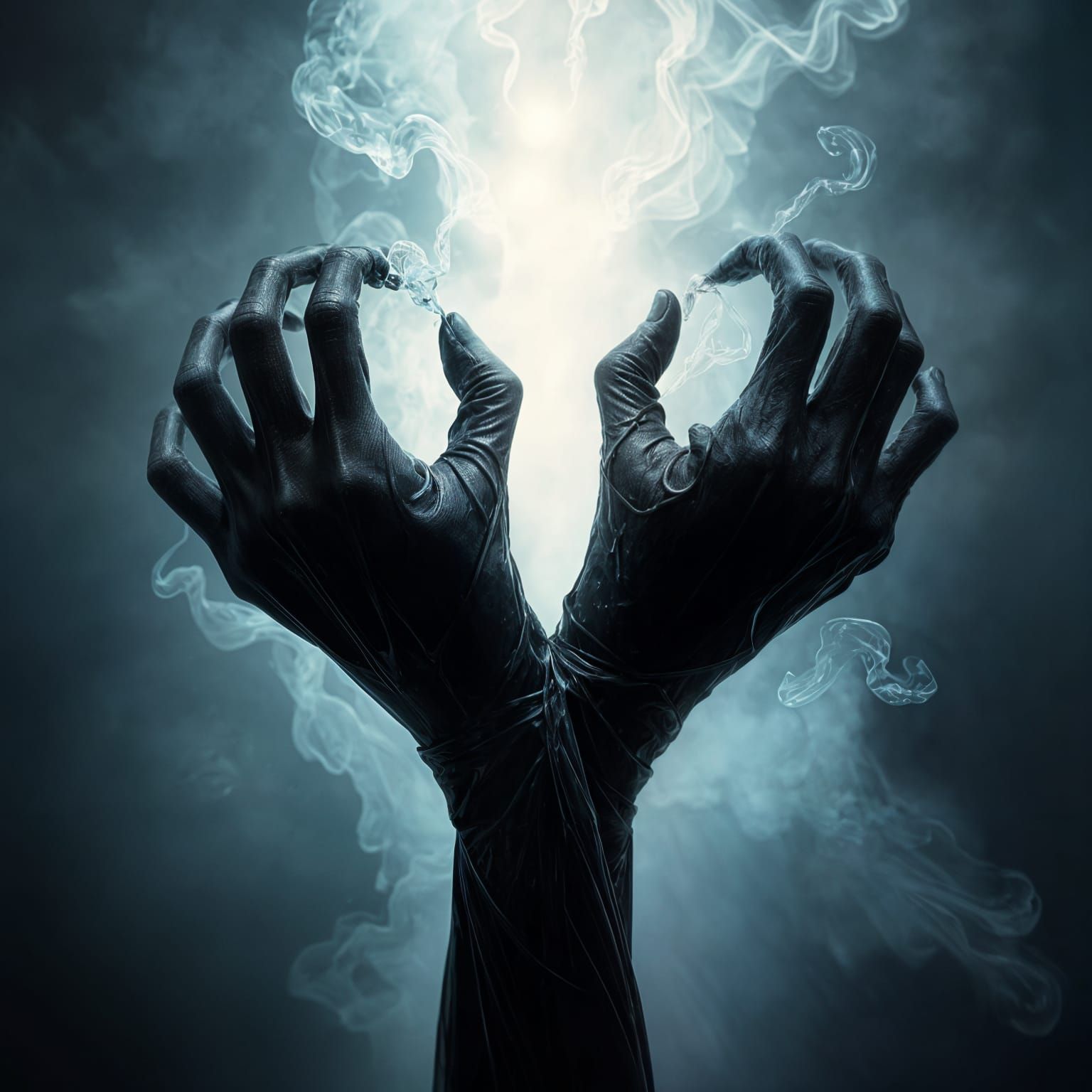 Ethereal Background with Twisted, Malevolent Hands in Glossy...