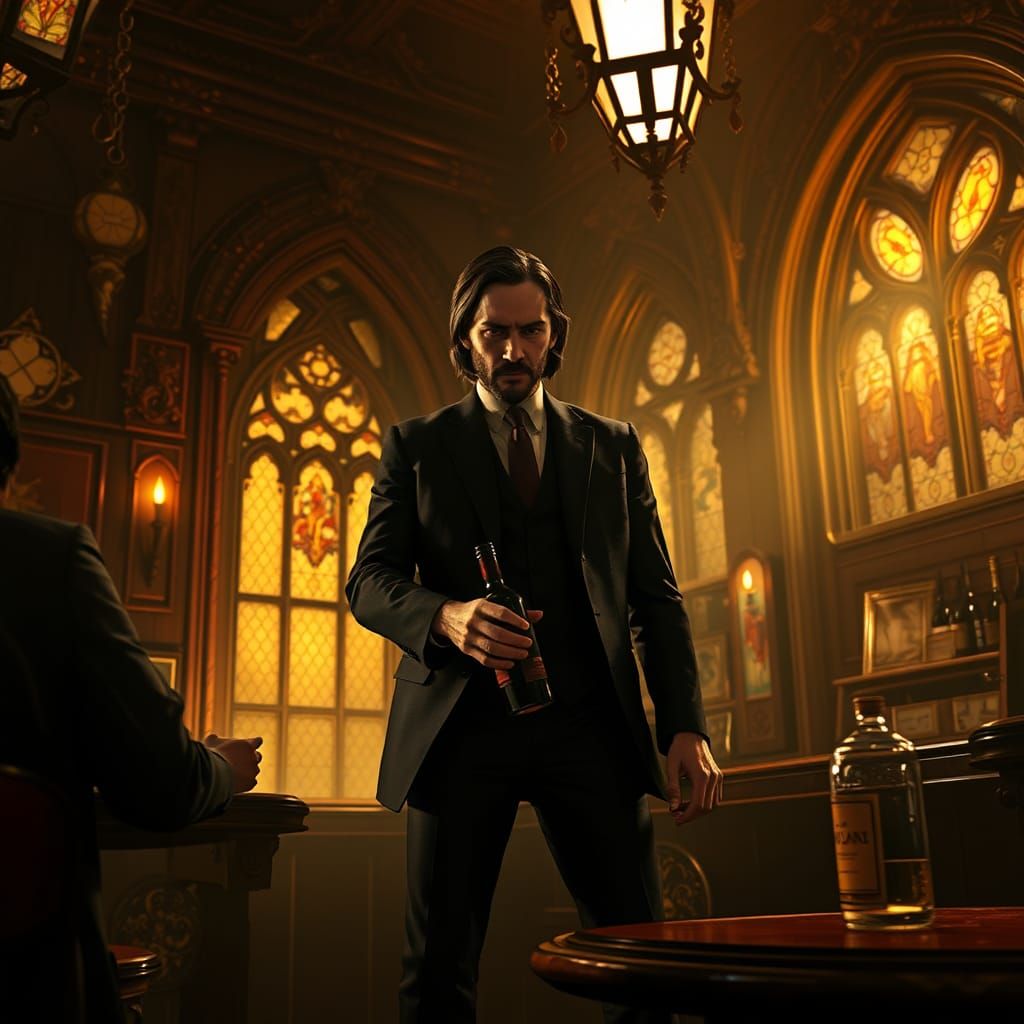 Mysterious Nighttime Encounter in a Gothic Bar