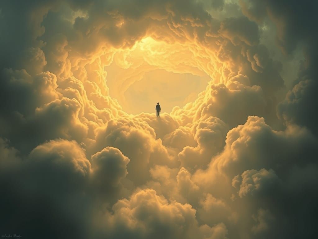 Ethereal Figure Rises Amidst Whispy Clouds in Golden Light