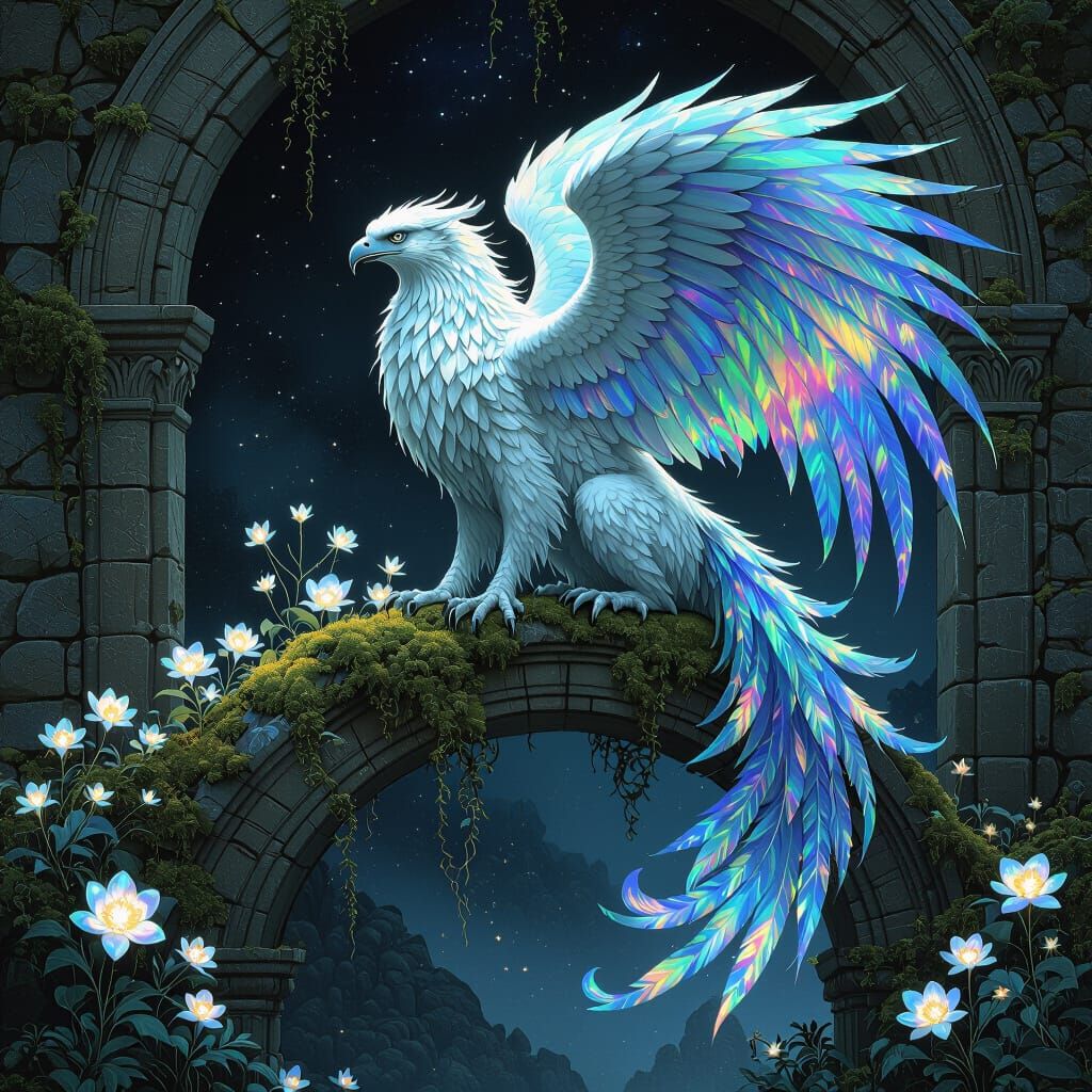 Iridescent Griffin Perched on Stone Archway