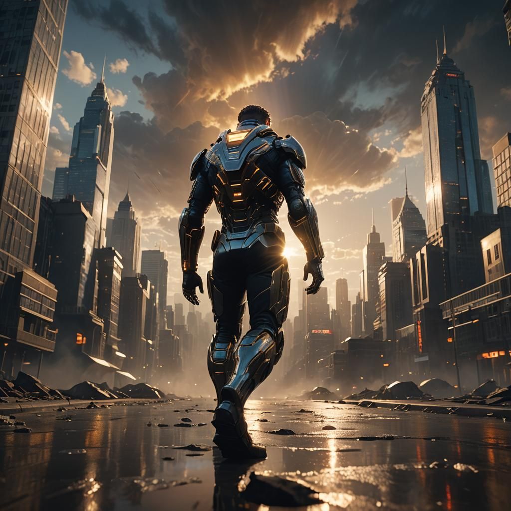 Dark Figure Unleashes Fury Amidst Glittering Sci-Fi Cityscap...