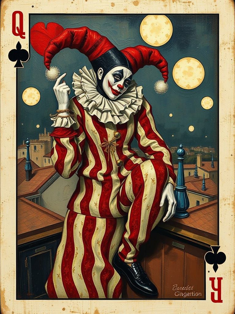 JOKER CARD Striking Pierrot HARLEQUIN, Rooftop, Stylized, Oils on wood panel, Masaaki Sasamoto, Gustav Klimt