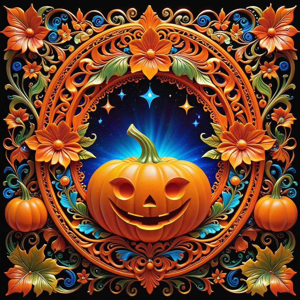 Vibrant Carved Pumpkin Portrait in Whimsical Floral Style