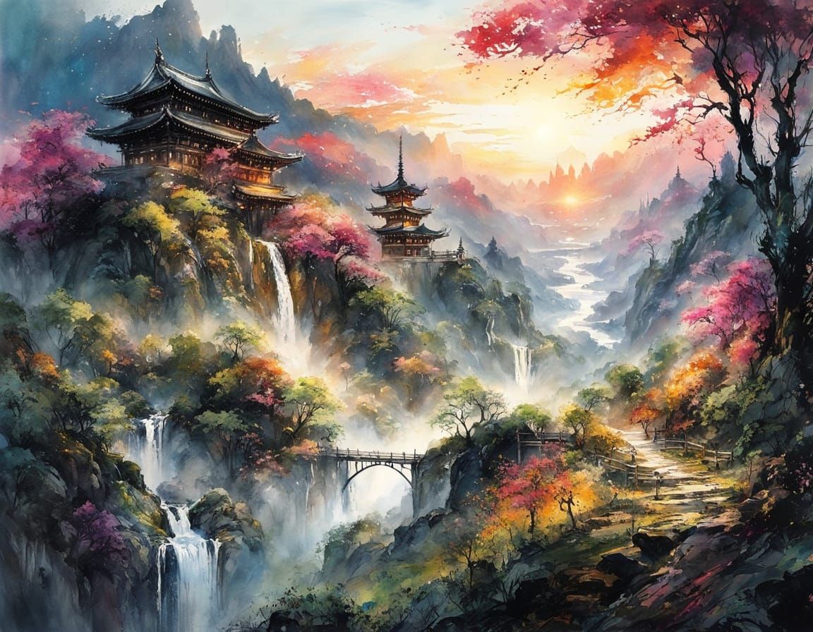 Lush Japanese Summerscape Ink Splatter Watercolor Art