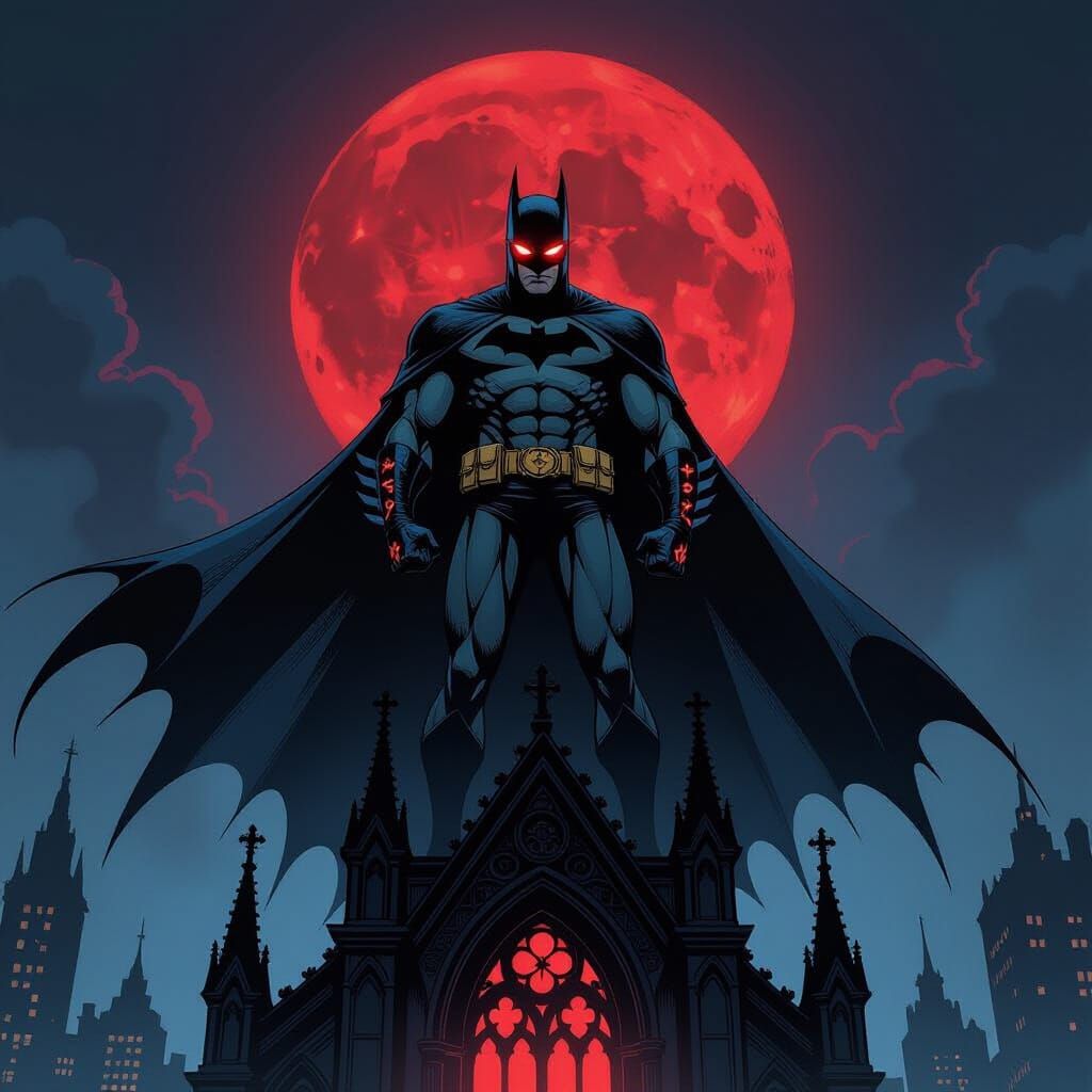 Gothic Batman with Demonic Aura and Occult Symbols
