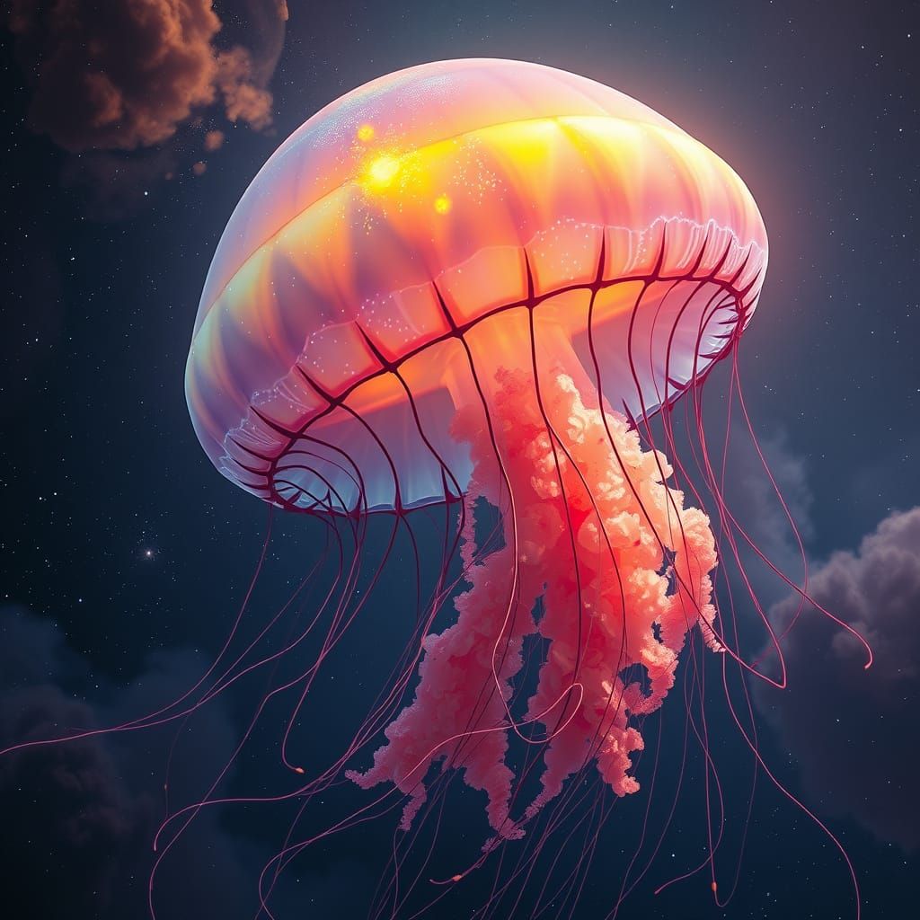 Bioluminescent Jellyfish Navigates Ethereal Nebula