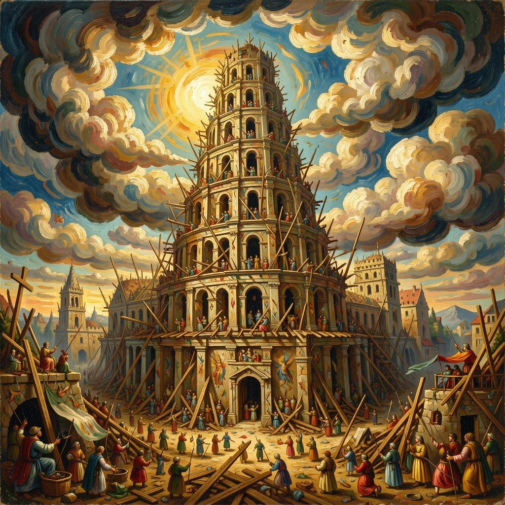 Tower of Babel Construction as Impasto Oil Painting