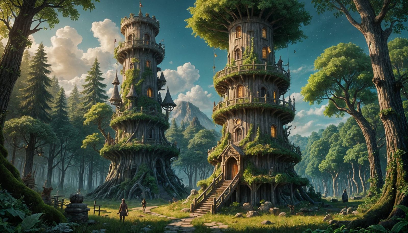 Wooden Tower in Brightly Lit Green Woods, Fantasy Concept Ar...
