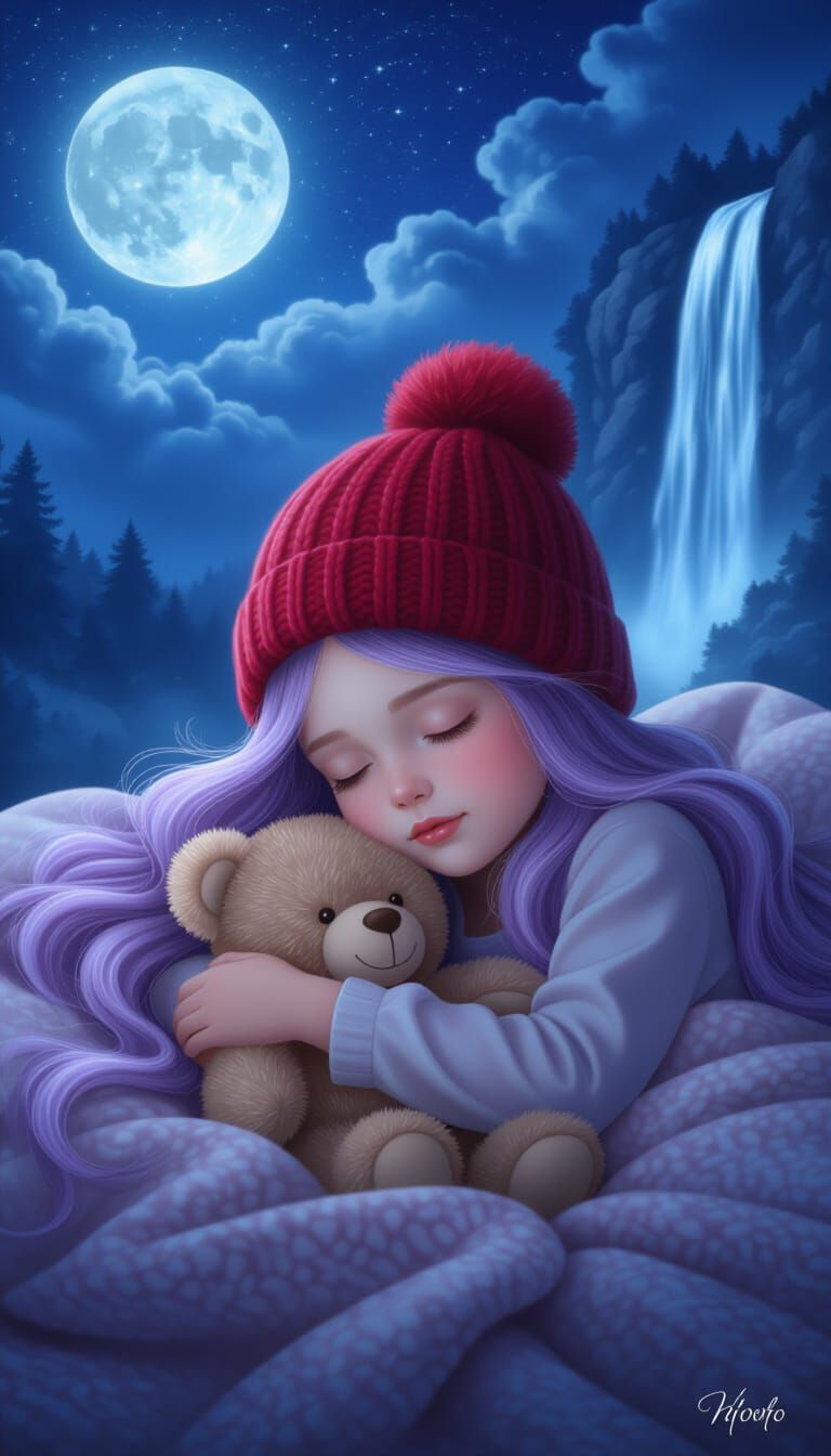 Serene Girl Sleeping Peacefully Under Full Moon