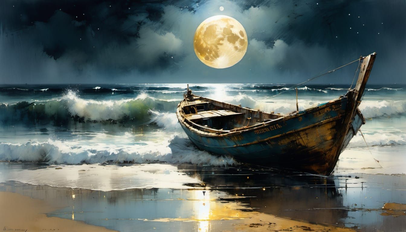Moonlit Beach Watercolor Painting with Golden Moon