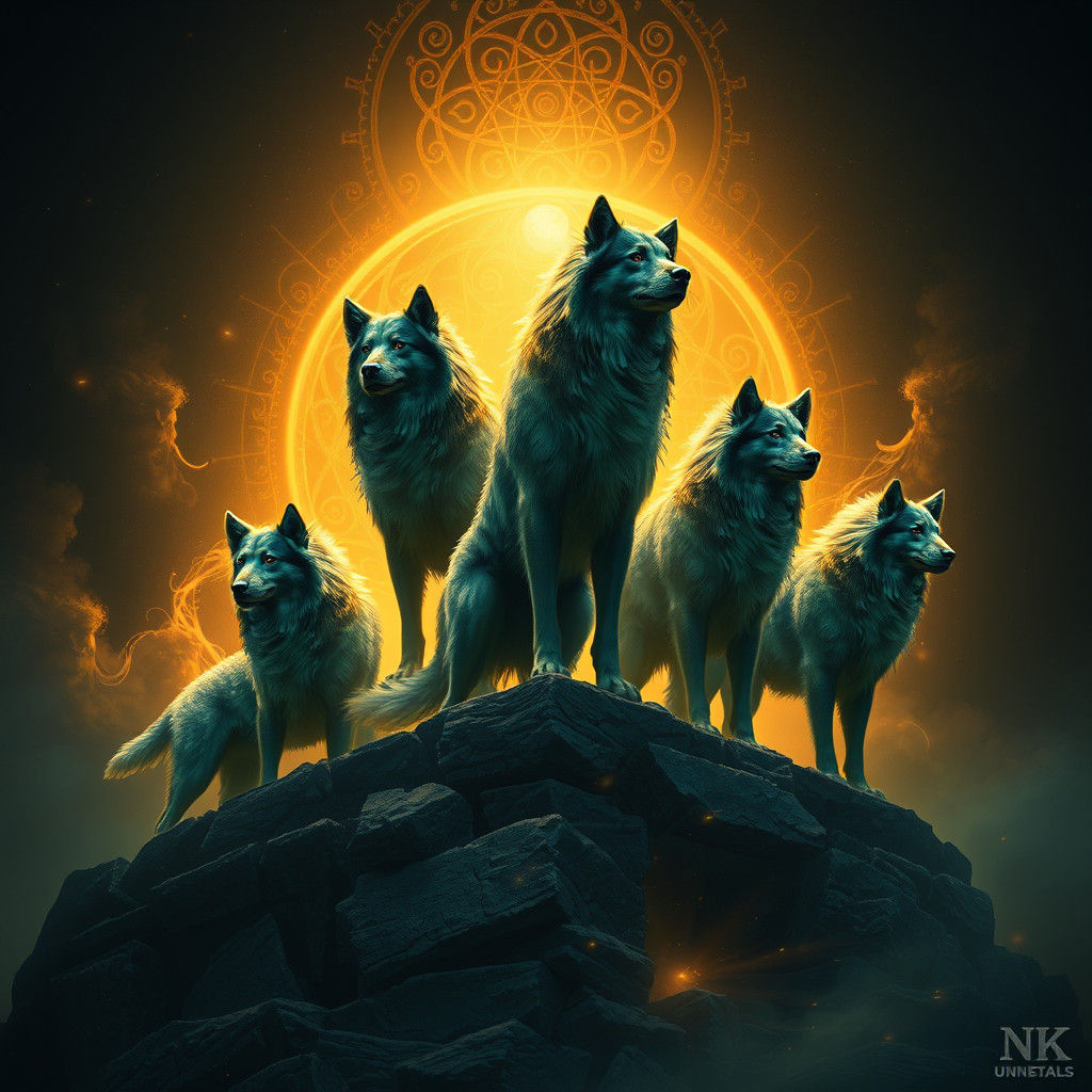 Majestic Dogs Stand atop Ancient Ruin in Ethereal Setting