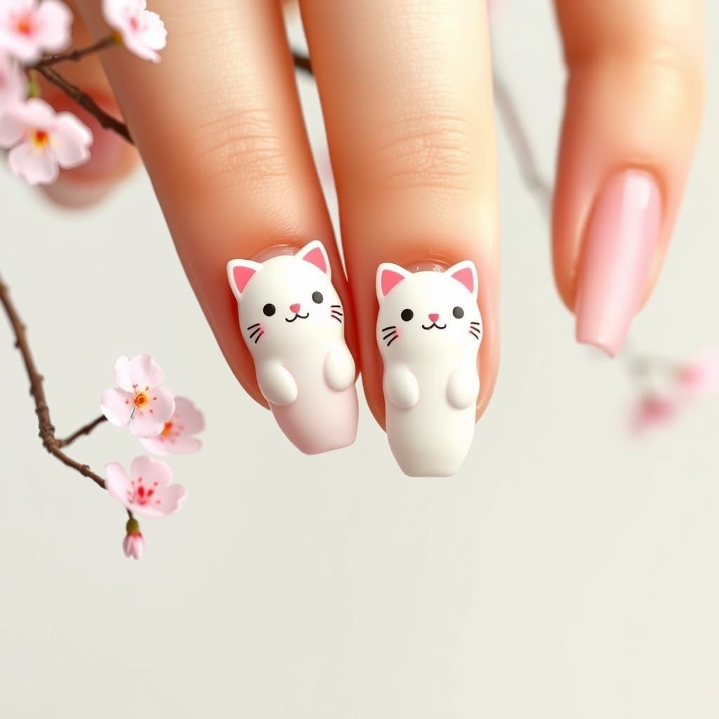 Hyper Realistic Mochi Cat Nail Art in Cherry Blossom Style