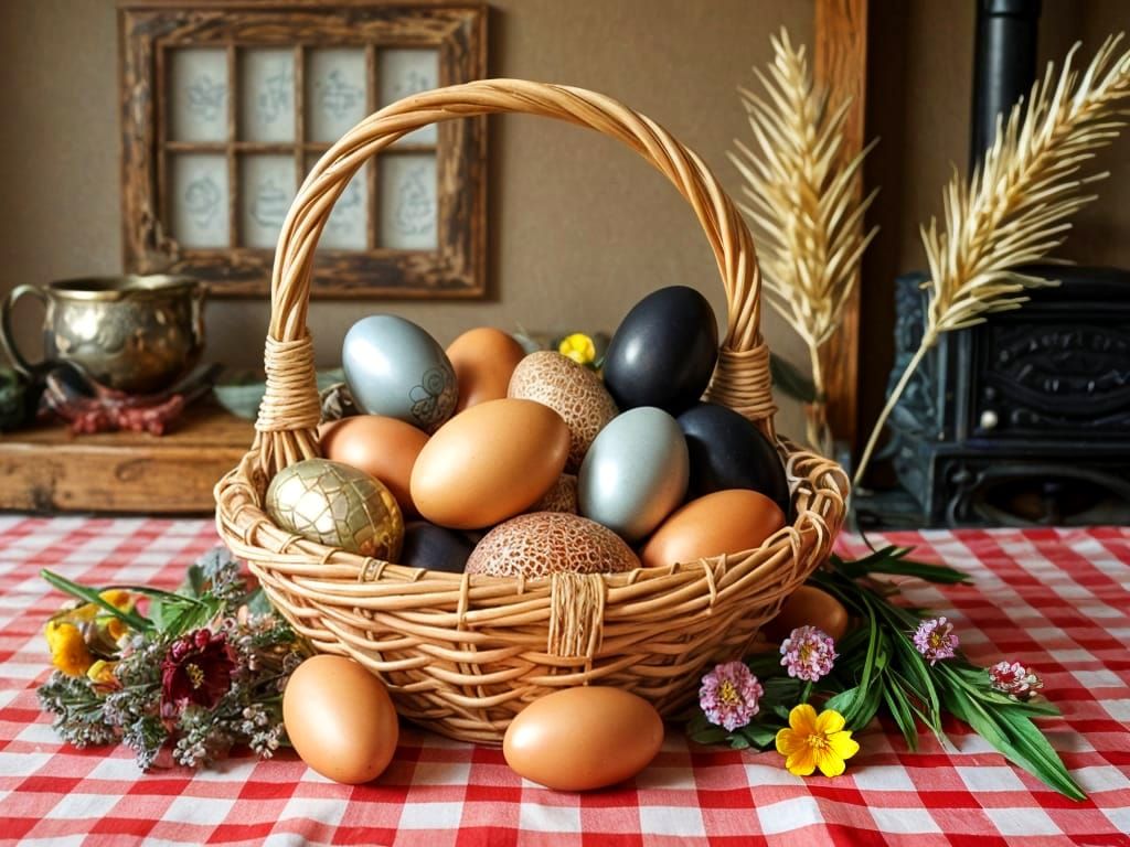Rustic Wicker Basket Filled with Vibrant Easter Eggs and Spr...