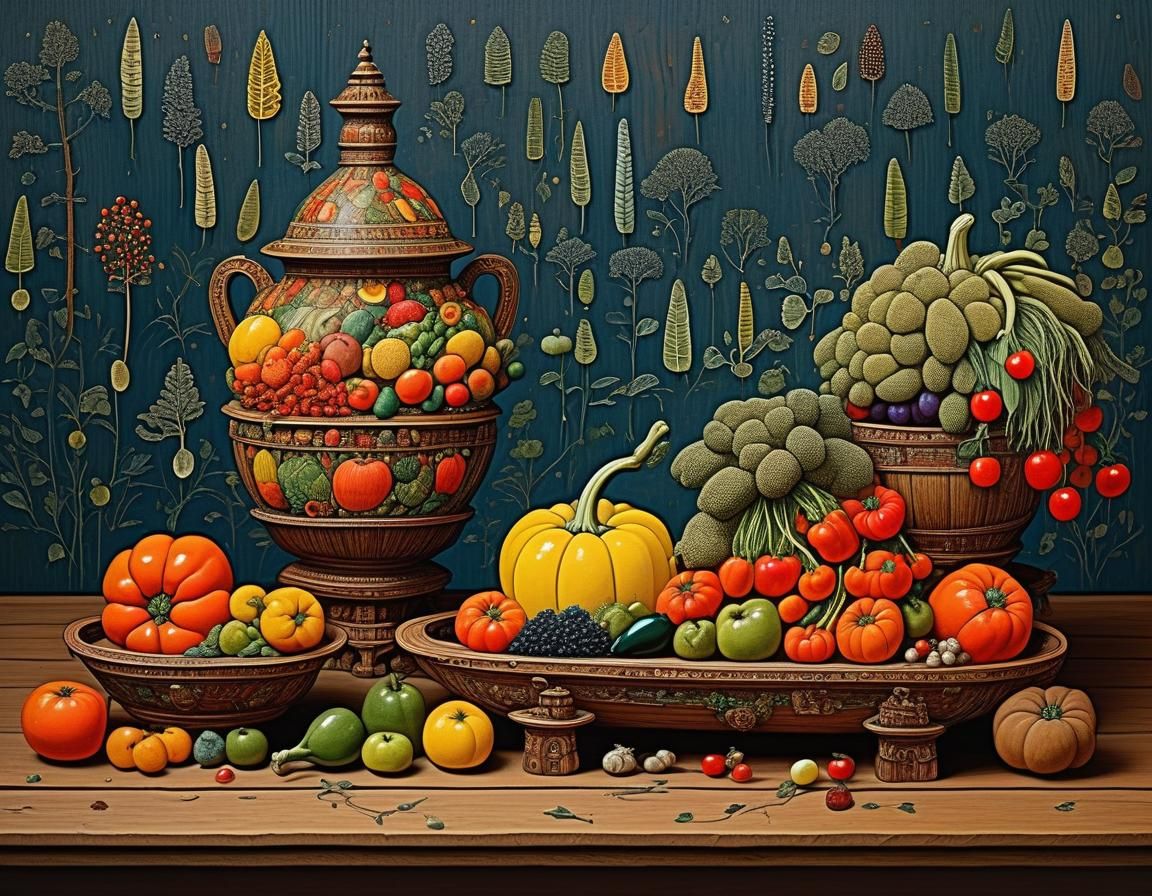 Autumn Vessels Filled with Harvest Fruits and Vegetables in....
