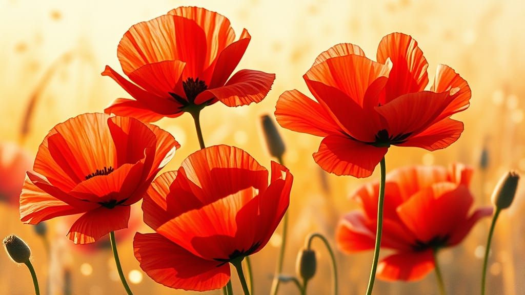 Gentle Red Poppies in Sunlit Meadow