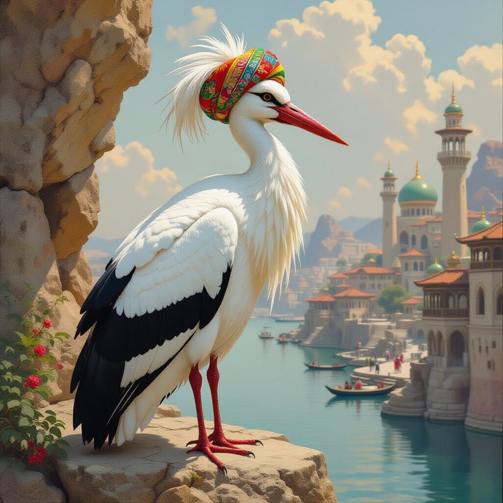 Caliph Stork in Oriental Kingdom: Fairy Tale Illustration