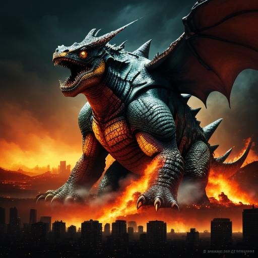 Gamera Unleashes Fury as a Roaring Kaiju in City Ruins