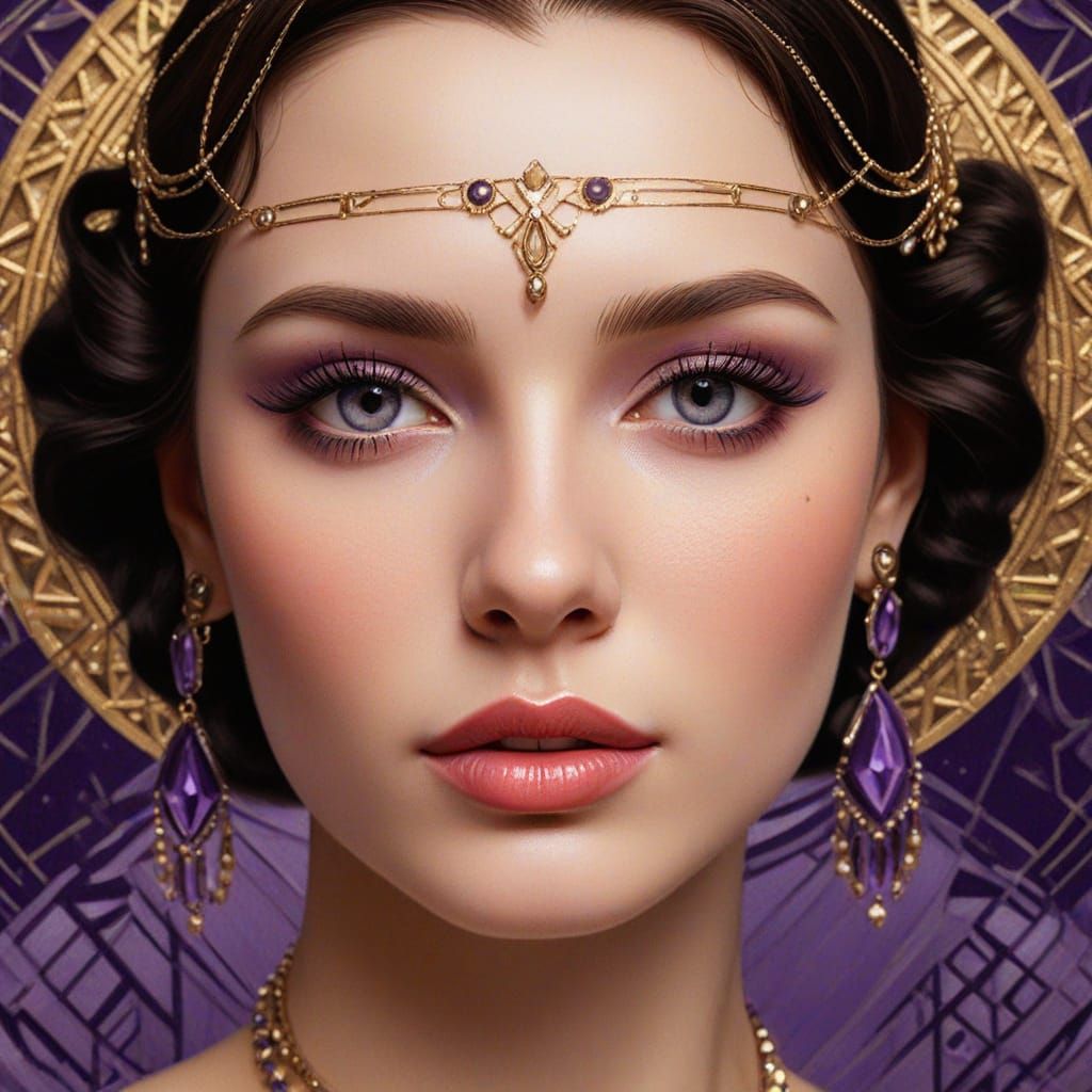 Art Deco Portrait of Woman with Purple Decoration