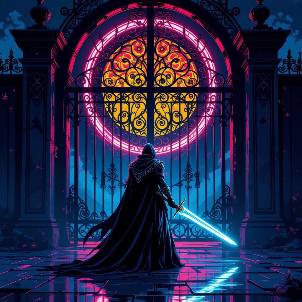 Cyberpunk Tarot Card with Glowing Sword in Algorithmic Art