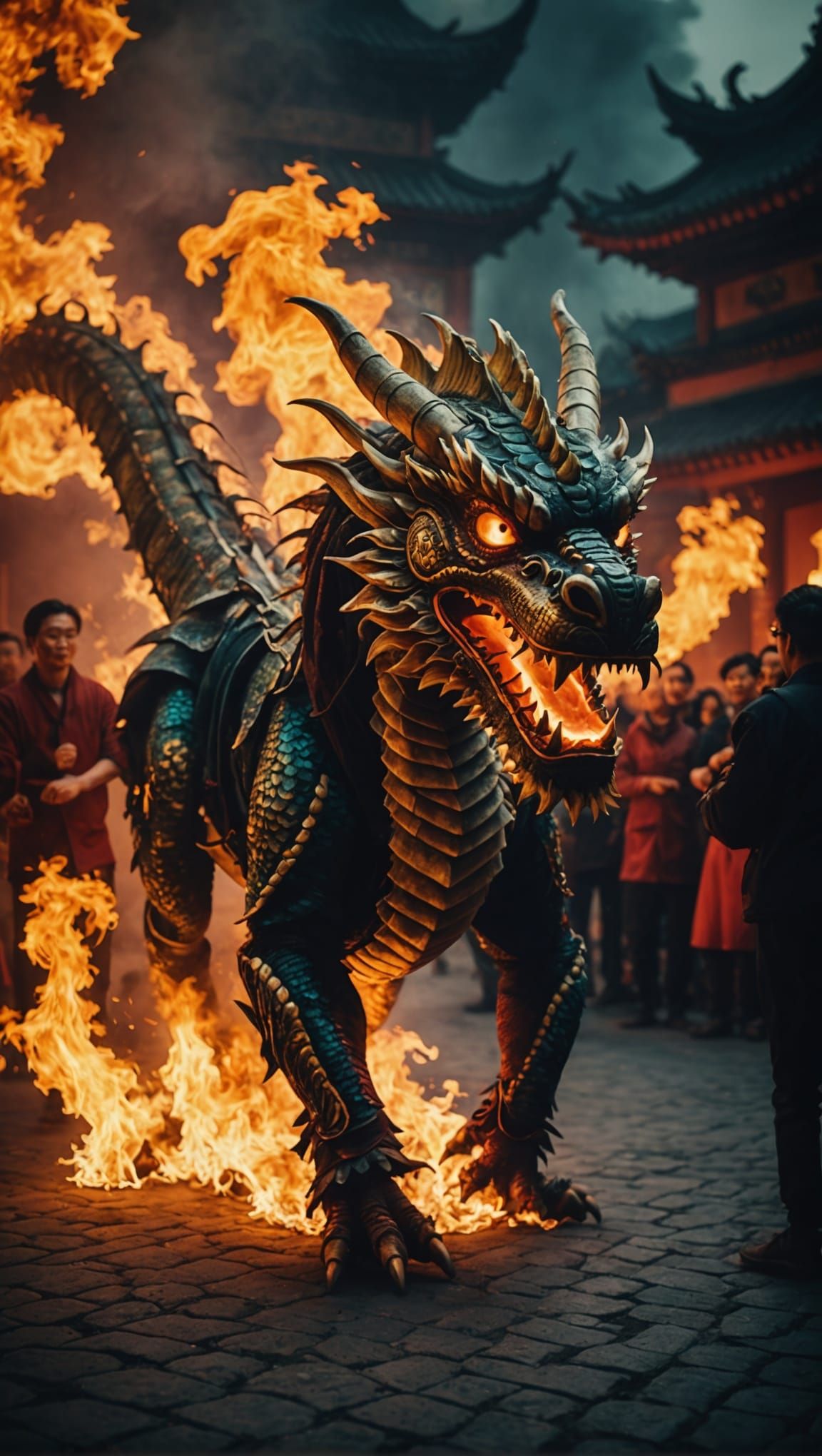 Epic Cinematic Dragon Dance in Fiery Atmosphere