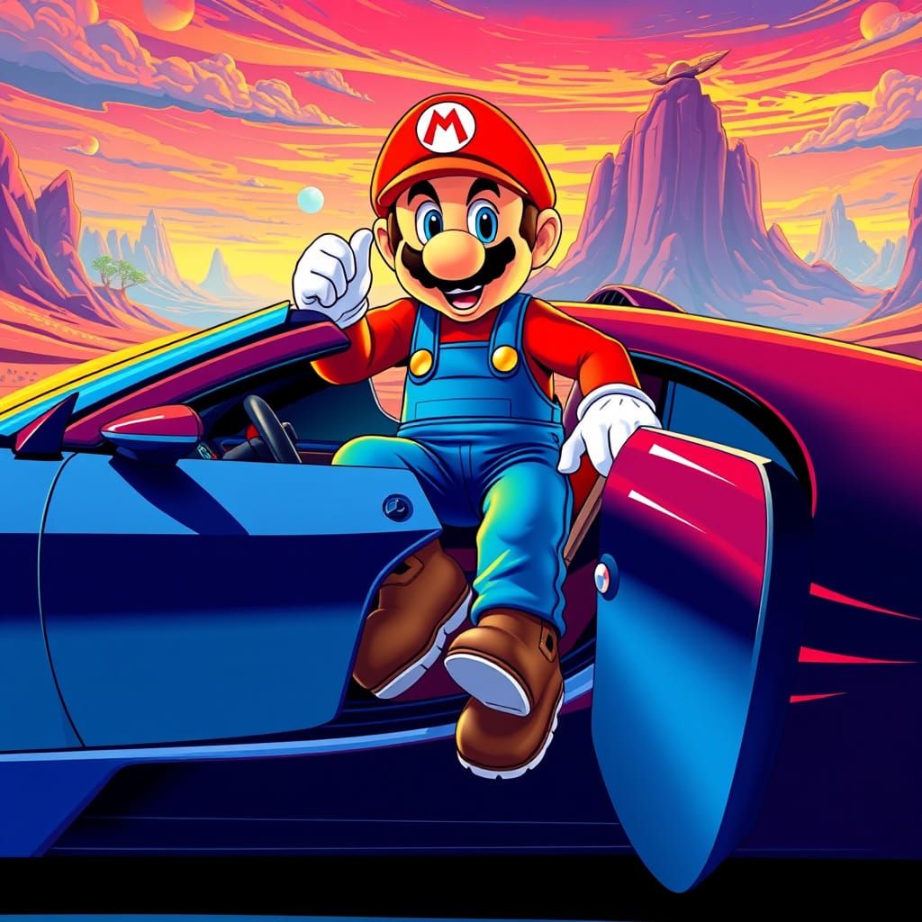 Mario Drives a Futuristic Bugatti in Retro-Futuristic Style