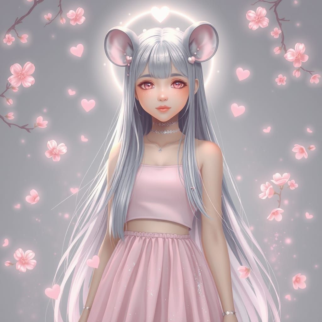 Whimsical Grey Goddess in Light Pink Wonderland