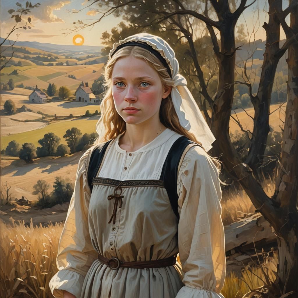 Medieval Peasant Girl in Golden Countryside