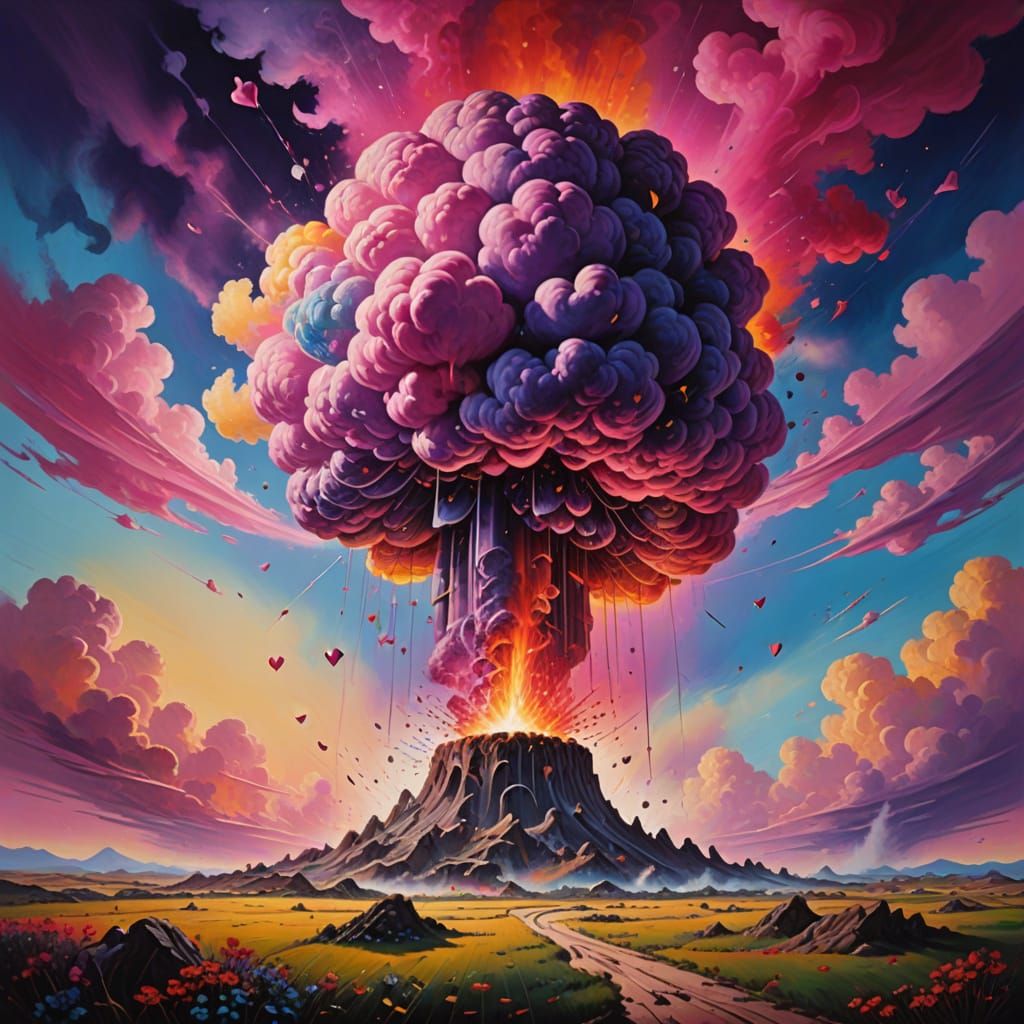 Surreal Nuclear Heart Explosion in Dreamlike Landscape