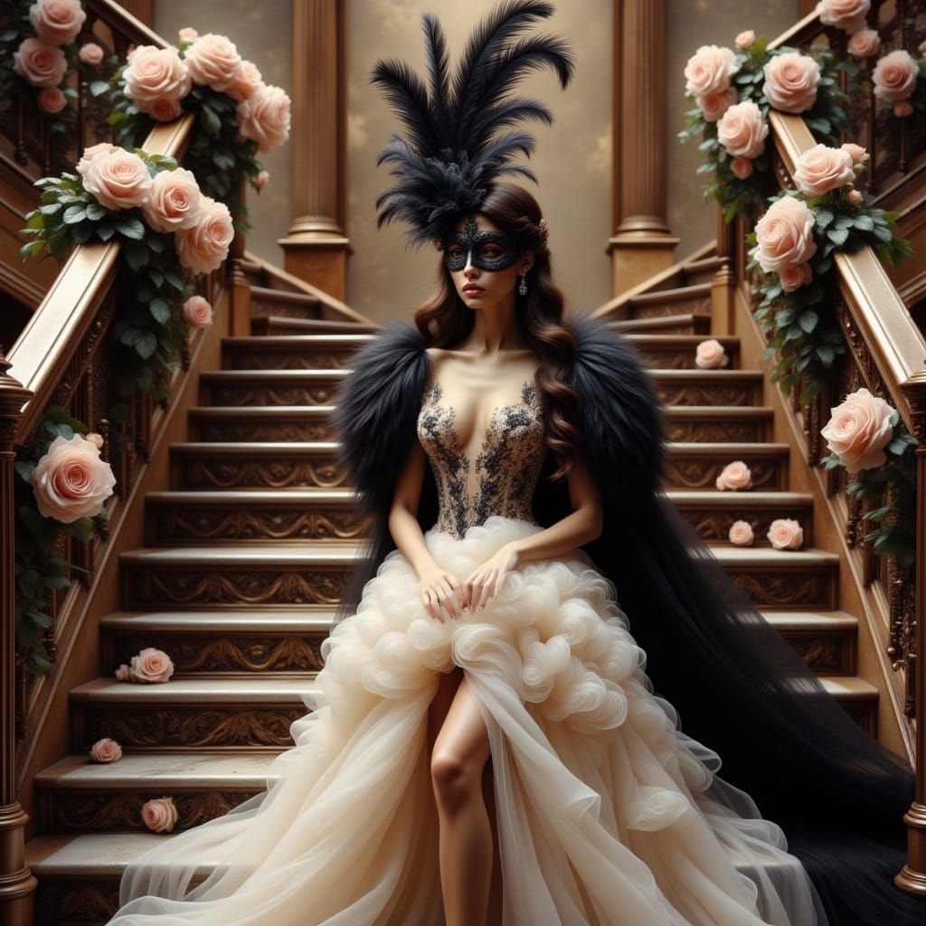 Elegant Woman in Feathered Mask Descending Staircase