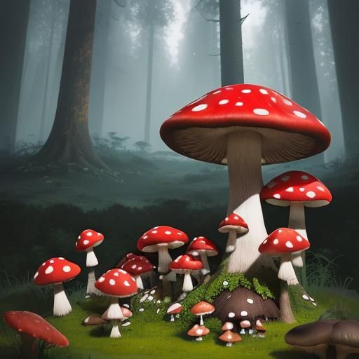 Vibrant Mushroom Abode in a Lush Forest Landscape