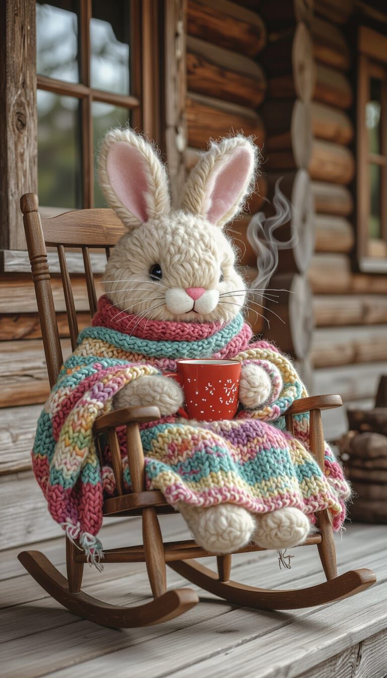 Cozy Bunny on Porch in Whimsical Style