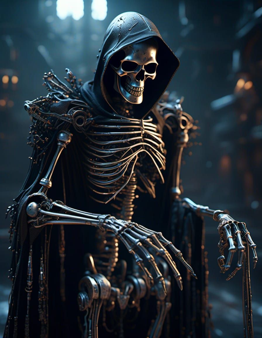 Cybernetic Grim Reaper in Hyperrealistic Metallic Hues