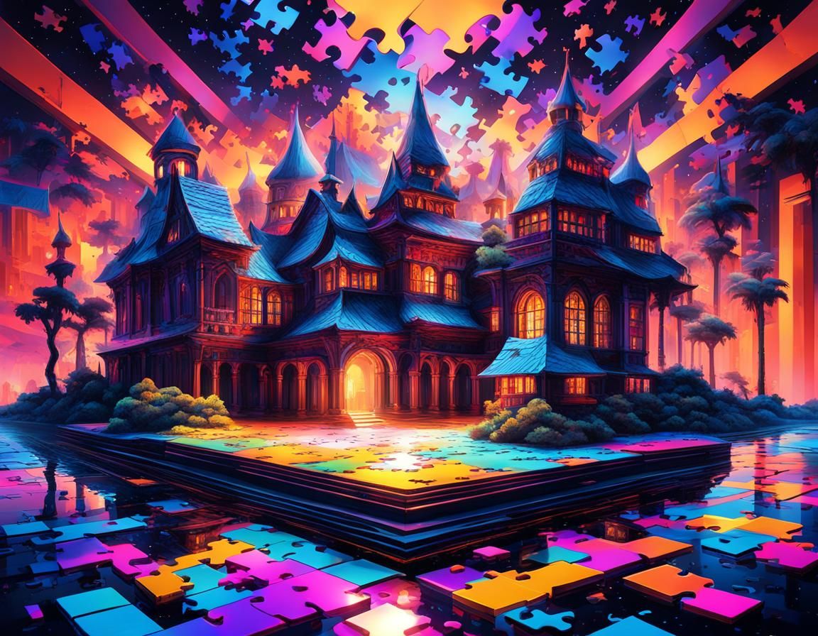Surreal Puzzle Palace Erupts with Neon Illumination