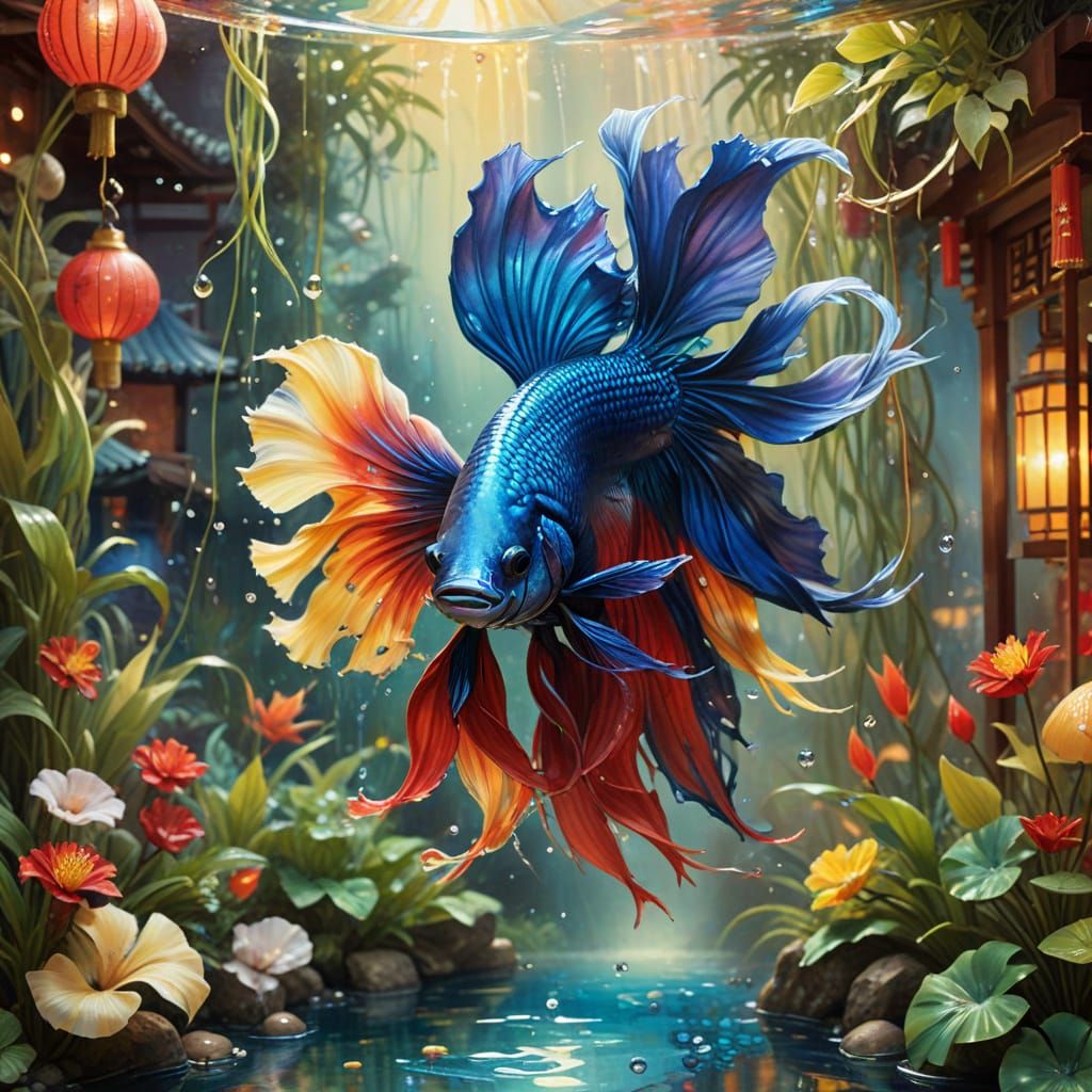 (Siamese fighting fish in an aquarium in a chinese restaurant:1.5) Paul Lehr yellow brilliant tones with sparkles waterc...