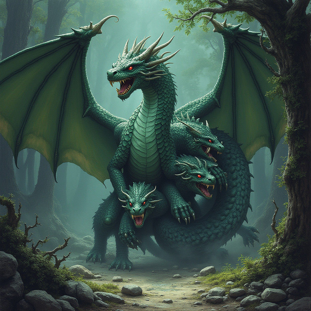Majestic Dragon Confronts Multi-Headed Hydra in Dark Fantasy...
